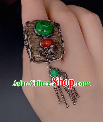 Chinese Handmade Silver Tassel Ring National Jadeite Jewelry Circlet Chinese Handmade Silver Tassel Ring National Jadeite Jewelry Circlet