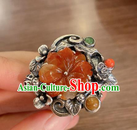 Chinese Handmade National Agate Circlet Wedding Jewelry Silver Plum Blossom Finger Ring Chinese Handmade National Agate Circlet Wedding Jewelry Silver Plum Blossom Finger Ring