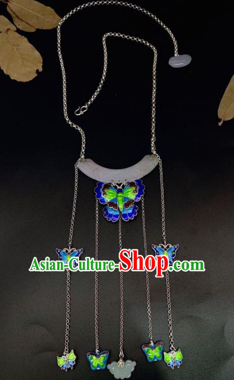Handmade Chinese Blueing Butterfly Necklace Accessories National Jade Silver Necklet