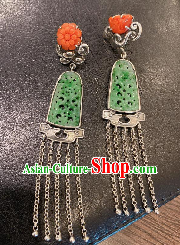 China Classical Wedding Silver Tassel Earrings Traditional Handmade Jadeite Carving Ear Accessories China Classical Wedding Silver Tassel Earrings Traditional Handmade Jadeite Carving Ear Accessories
