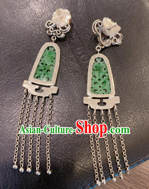 China Classical Wedding Silver Tassel Earrings Traditional Handmade Jadeite Carving Ear Accessories China Classical Wedding Silver Tassel Earrings Traditional Handmade Jadeite Carving Ear Accessories