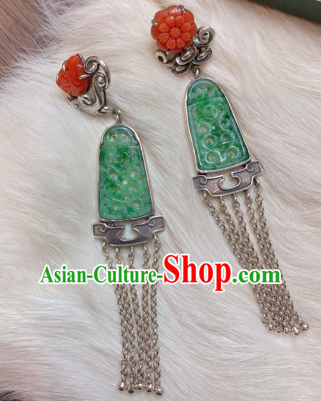 China Classical Wedding Silver Tassel Earrings Traditional Handmade Jadeite Carving Ear Accessories China Classical Wedding Silver Tassel Earrings Traditional Handmade Jadeite Carving Ear Accessories