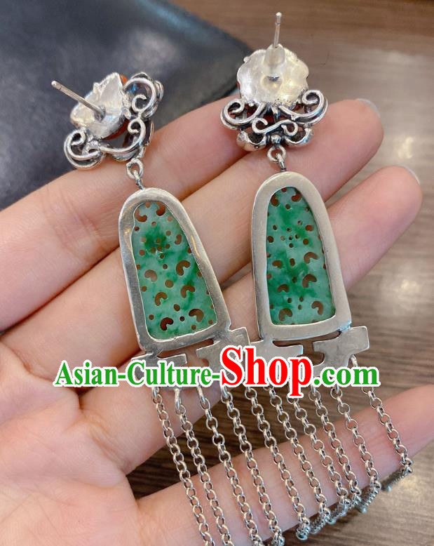 China Classical Wedding Silver Tassel Earrings Traditional Handmade Jadeite Carving Ear Accessories China Classical Wedding Silver Tassel Earrings Traditional Handmade Jadeite Carving Ear Accessories