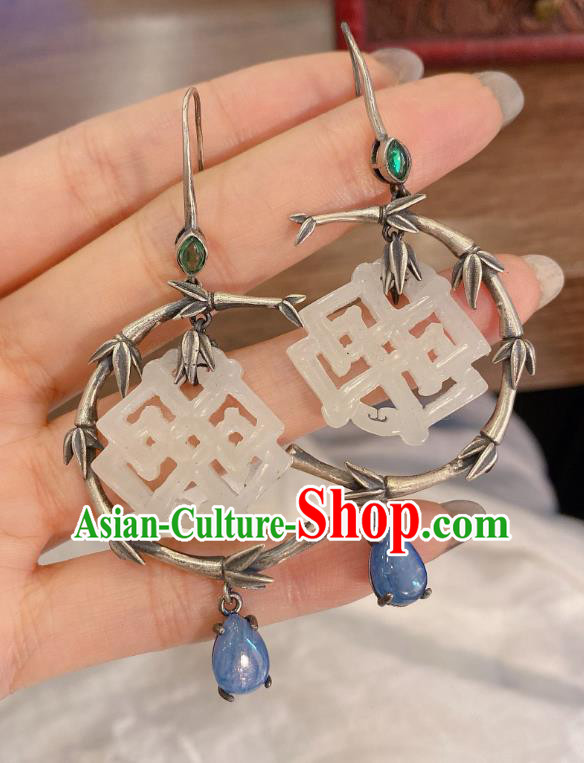 China Classical Silver Bamboo Earrings Traditional Handmade Hetian Jade Ear Accessories China Classical Silver Bamboo Earrings Traditional Handmade Hetian Jade Ear Accessories
