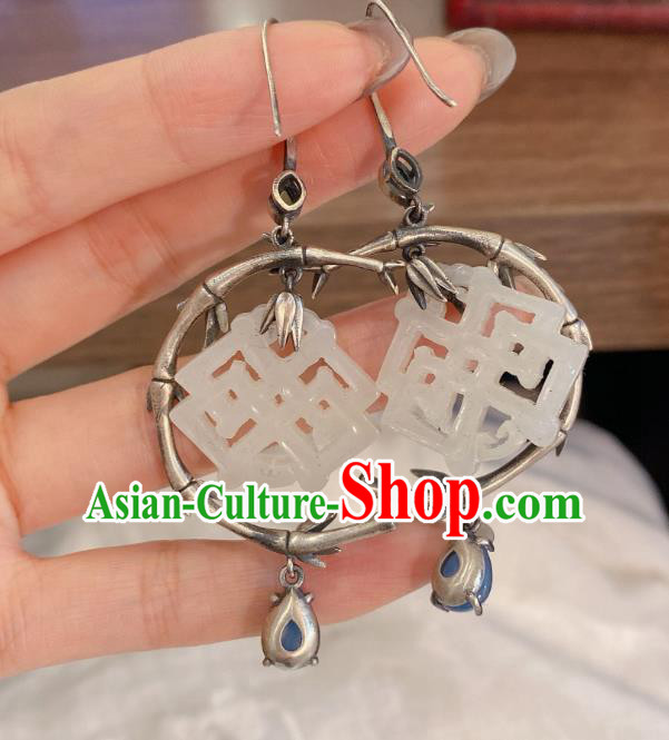 China Classical Silver Bamboo Earrings Traditional Handmade Hetian Jade Ear Accessories China Classical Silver Bamboo Earrings Traditional Handmade Hetian Jade Ear Accessories