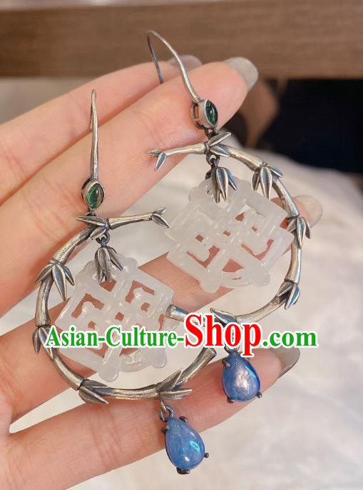 China Classical Silver Bamboo Earrings Traditional Handmade Hetian Jade Ear Accessories China Classical Silver Bamboo Earrings Traditional Handmade Hetian Jade Ear Accessories