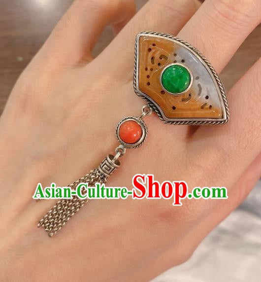 Chinese Handmade National Jadeite Circlet Wedding Jewelry Silver Tassel Finger Ring Chinese Handmade National Jadeite Circlet Wedding Jewelry Silver Tassel Finger Ring