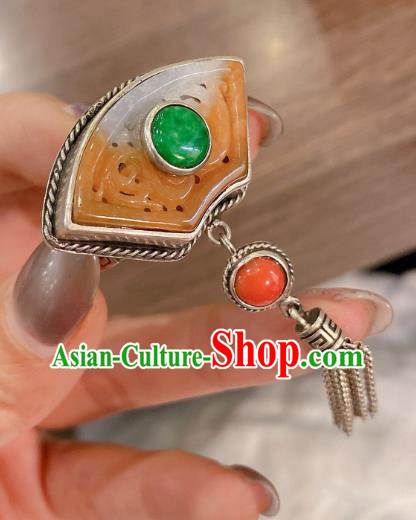 Chinese Handmade National Jadeite Circlet Wedding Jewelry Silver Tassel Finger Ring Chinese Handmade National Jadeite Circlet Wedding Jewelry Silver Tassel Finger Ring