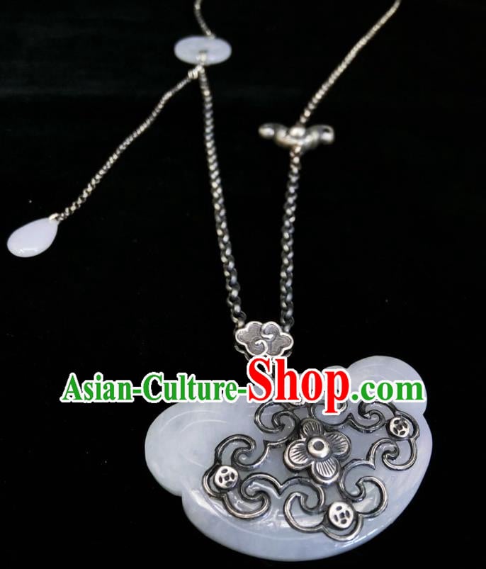Handmade Chinese White Jade Necklace Accessories National Silver Carving Bat Necklet Handmade Chinese White Jade Necklace Accessories National Silver Carving Bat Necklet