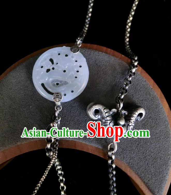 Handmade Chinese White Jade Necklace Accessories National Silver Carving Bat Necklet Handmade Chinese White Jade Necklace Accessories National Silver Carving Bat Necklet