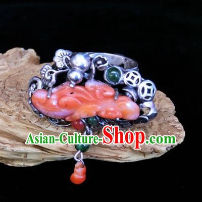 Chinese Handmade Agate Carving Ring National Jewelry Silver Gourd Circlet