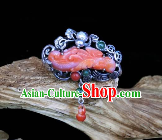 Chinese Handmade Agate Carving Ring National Jewelry Silver Gourd Circlet Chinese Handmade Agate Carving Ring National Jewelry Silver Gourd Circlet
