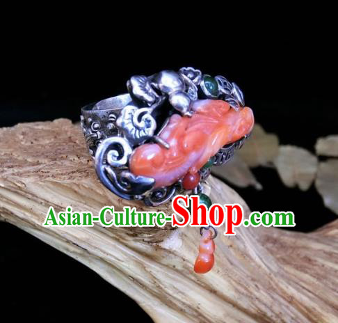 Chinese Handmade Agate Carving Ring National Jewelry Silver Gourd Circlet Chinese Handmade Agate Carving Ring National Jewelry Silver Gourd Circlet