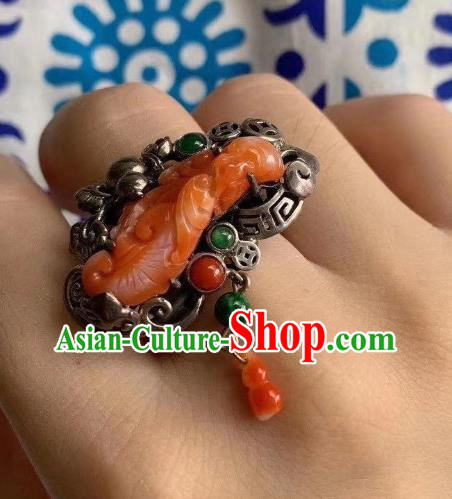 Chinese Handmade Agate Carving Ring National Jewelry Silver Gourd Circlet Chinese Handmade Agate Carving Ring National Jewelry Silver Gourd Circlet