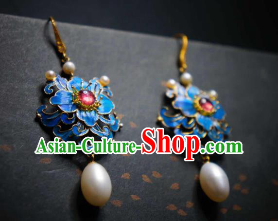 Handmade Chinese Cheongsam Pearls Ear Accessories Traditional Culture Jewelry Blue Peony Earrings Handmade Chinese Cheongsam Pearls Ear Accessories Traditional Culture Jewelry Blue Peony Earrings