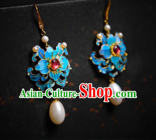 Handmade Chinese Cheongsam Pearls Ear Accessories Traditional Culture Jewelry Blue Peony Earrings Handmade Chinese Cheongsam Pearls Ear Accessories Traditional Culture Jewelry Blue Peony Earrings
