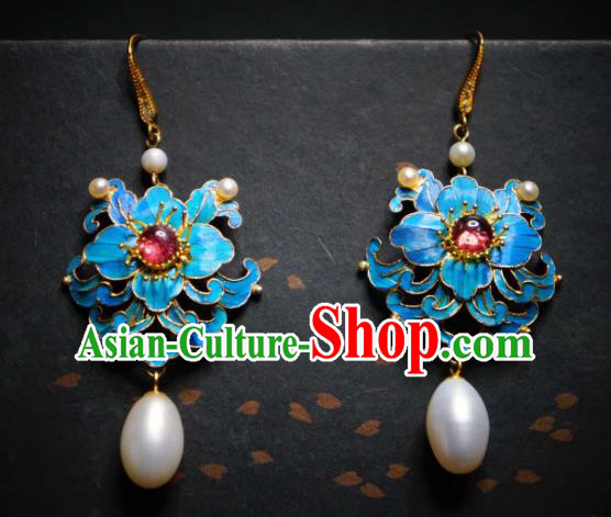 Handmade Chinese Cheongsam Pearls Ear Accessories Traditional Culture Jewelry Blue Peony Earrings Handmade Chinese Cheongsam Pearls Ear Accessories Traditional Culture Jewelry Blue Peony Earrings
