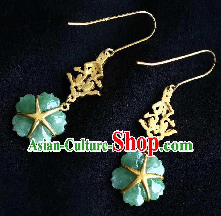 China Traditional Golden Ear Accessories Classical Cheongsam Jade Plum Blossom Earrings China Traditional Golden Ear Accessories Classical Cheongsam Jade Plum Blossom Earrings
