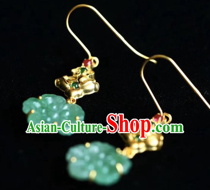 China Traditional Golden Ear Accessories Classical Cheongsam Jade Plum Blossom Earrings China Traditional Golden Ear Accessories Classical Cheongsam Jade Plum Blossom Earrings