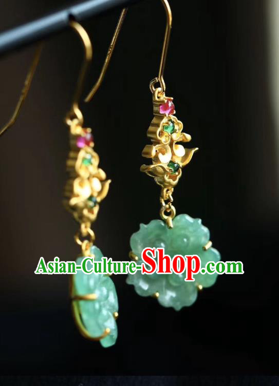 China Traditional Golden Ear Accessories Classical Cheongsam Jade Plum Blossom Earrings China Traditional Golden Ear Accessories Classical Cheongsam Jade Plum Blossom Earrings