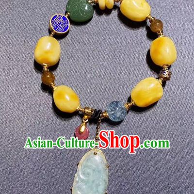 Handmade Chinese Jadeite Bracelet Traditional Beeswax Wristlet Accessories