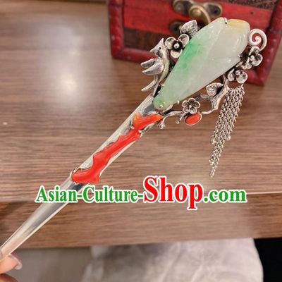 China Traditional Hair Accessories Classical Silver Tassel Hairpin Handmade Jade Mangnolia Hair Stick