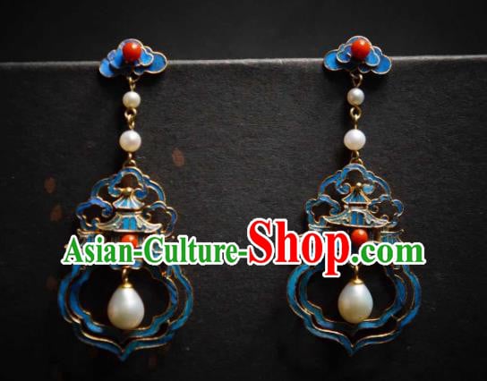 Handmade Chinese Cheongsam Pearls Ear Accessories Traditional Culture Jewelry Blueing Palace Earrings Handmade Chinese Cheongsam Pearls Ear Accessories Traditional Culture Jewelry Blueing Palace Earrings