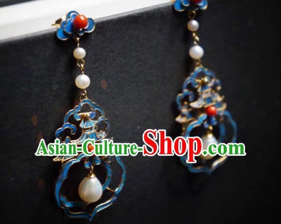 Handmade Chinese Cheongsam Pearls Ear Accessories Traditional Culture Jewelry Blueing Palace Earrings Handmade Chinese Cheongsam Pearls Ear Accessories Traditional Culture Jewelry Blueing Palace Earrings