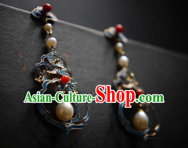 Handmade Chinese Cheongsam Pearls Ear Accessories Traditional Culture Jewelry Blueing Palace Earrings Handmade Chinese Cheongsam Pearls Ear Accessories Traditional Culture Jewelry Blueing Palace Earrings