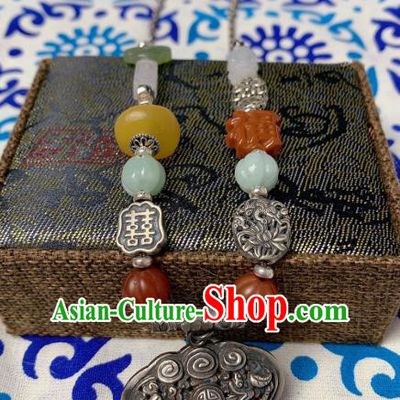 Handmade Chinese Wedding Silver Lock Necklace Accessories National Jade Gems Necklet Pendant