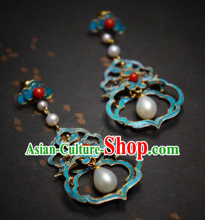 Handmade Chinese Cheongsam Pearls Ear Accessories Traditional Culture Jewelry Blueing Palace Earrings Handmade Chinese Cheongsam Pearls Ear Accessories Traditional Culture Jewelry Blueing Palace Earrings