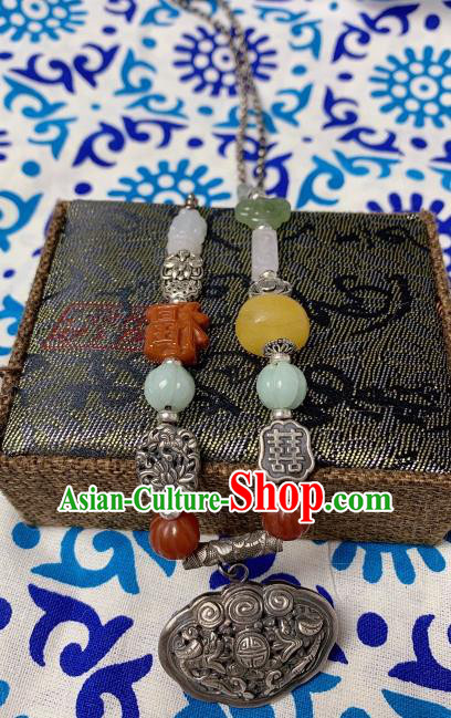 Handmade Chinese Wedding Silver Lock Necklace Accessories National Jade Gems Necklet Pendant Handmade Chinese Wedding Silver Lock Necklace Accessories National Jade Gems Necklet Pendant