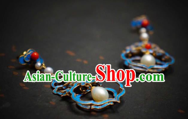 Handmade Chinese Cheongsam Pearls Ear Accessories Traditional Culture Jewelry Blueing Palace Earrings Handmade Chinese Cheongsam Pearls Ear Accessories Traditional Culture Jewelry Blueing Palace Earrings