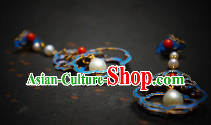 Handmade Chinese Cheongsam Pearls Ear Accessories Traditional Culture Jewelry Blueing Palace Earrings Handmade Chinese Cheongsam Pearls Ear Accessories Traditional Culture Jewelry Blueing Palace Earrings