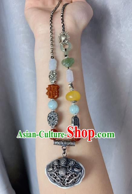 Handmade Chinese Wedding Silver Lock Necklace Accessories National Jade Gems Necklet Pendant Handmade Chinese Wedding Silver Lock Necklace Accessories National Jade Gems Necklet Pendant