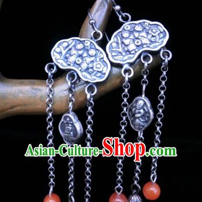 China Traditional Agate Tassel Ear Accessories National Cheongsam Silver Carving Earrings Jewelry