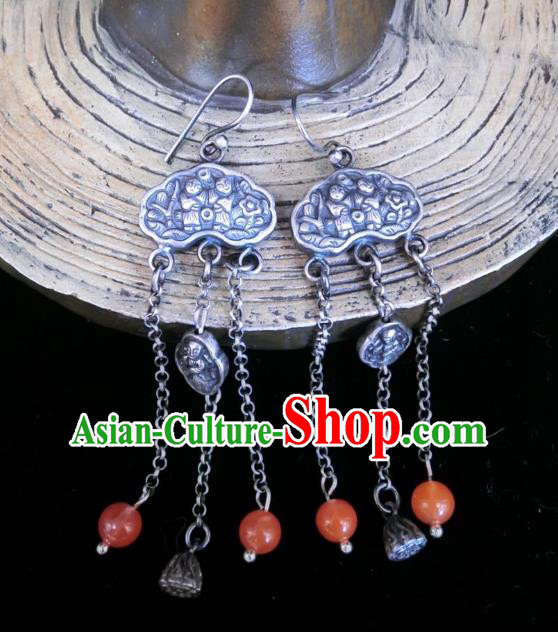 China Traditional Agate Tassel Ear Accessories National Cheongsam Silver Carving Earrings Jewelry China Traditional Agate Tassel Ear Accessories National Cheongsam Silver Carving Earrings Jewelry