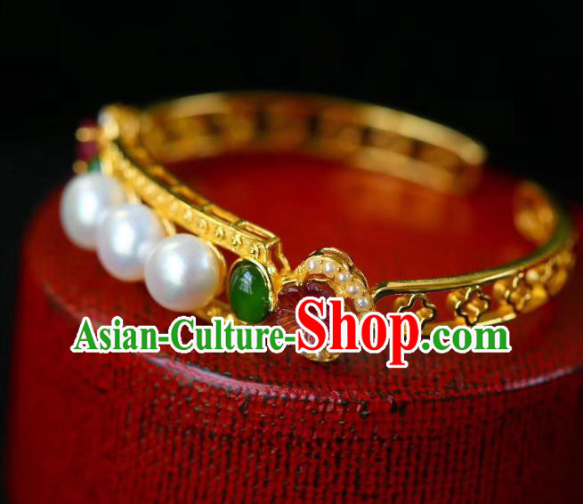 Handmade Chinese Qing Dynasty Golden Bracelet Traditional Gems Wristlet Accessories Handmade Chinese Qing Dynasty Golden Bracelet Traditional Gems Wristlet Accessories