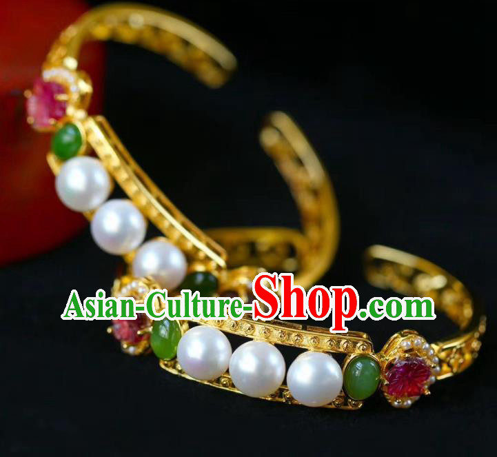 Handmade Chinese Qing Dynasty Golden Bracelet Traditional Gems Wristlet Accessories Handmade Chinese Qing Dynasty Golden Bracelet Traditional Gems Wristlet Accessories