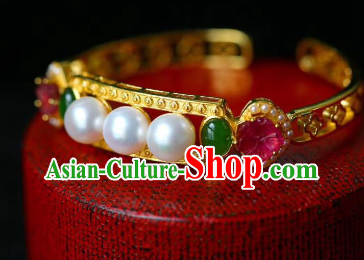 Handmade Chinese Qing Dynasty Golden Bracelet Traditional Gems Wristlet Accessories Handmade Chinese Qing Dynasty Golden Bracelet Traditional Gems Wristlet Accessories