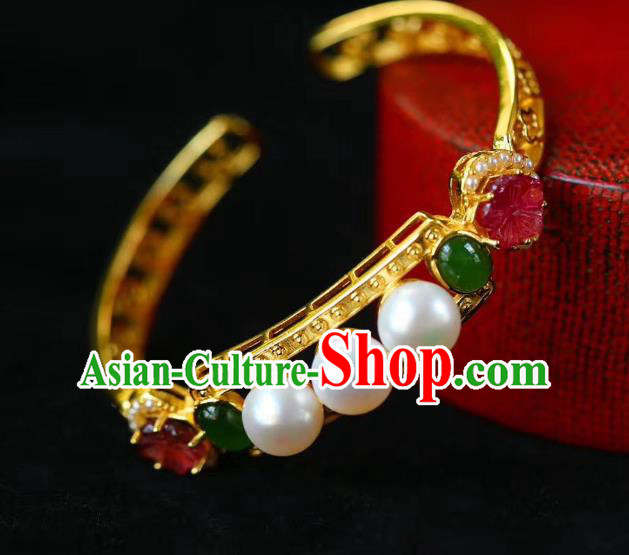 Handmade Chinese Qing Dynasty Golden Bracelet Traditional Gems Wristlet Accessories Handmade Chinese Qing Dynasty Golden Bracelet Traditional Gems Wristlet Accessories