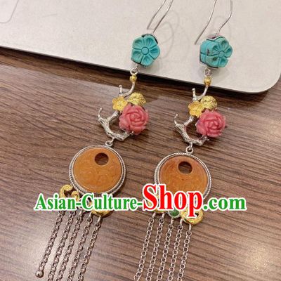 China Traditional Silver Tassel Ear Accessories Classical Cheongsam Jade Carving Earrings