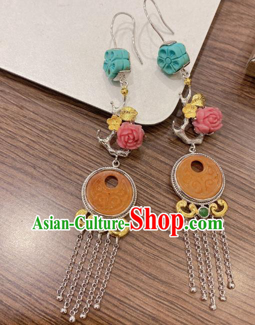China Traditional Silver Tassel Ear Accessories Classical Cheongsam Jade Carving Earrings China Traditional Silver Tassel Ear Accessories Classical Cheongsam Jade Carving Earrings