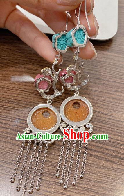 China Traditional Silver Tassel Ear Accessories Classical Cheongsam Jade Carving Earrings China Traditional Silver Tassel Ear Accessories Classical Cheongsam Jade Carving Earrings