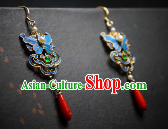Handmade Chinese Cheongsam Blue Butterfly Ear Accessories Traditional Culture Jewelry Emerald Earrings Handmade Chinese Cheongsam Blue Butterfly Ear Accessories Traditional Culture Jewelry Emerald Earrings