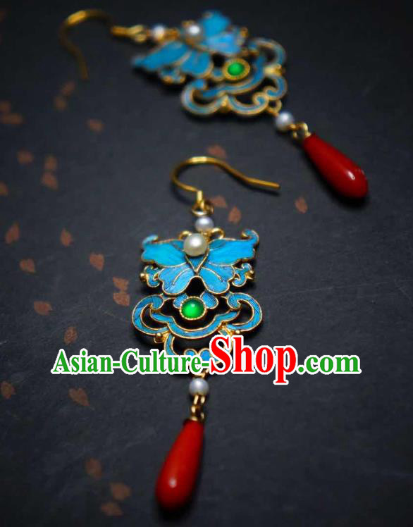 Handmade Chinese Cheongsam Blue Butterfly Ear Accessories Traditional Culture Jewelry Emerald Earrings Handmade Chinese Cheongsam Blue Butterfly Ear Accessories Traditional Culture Jewelry Emerald Earrings