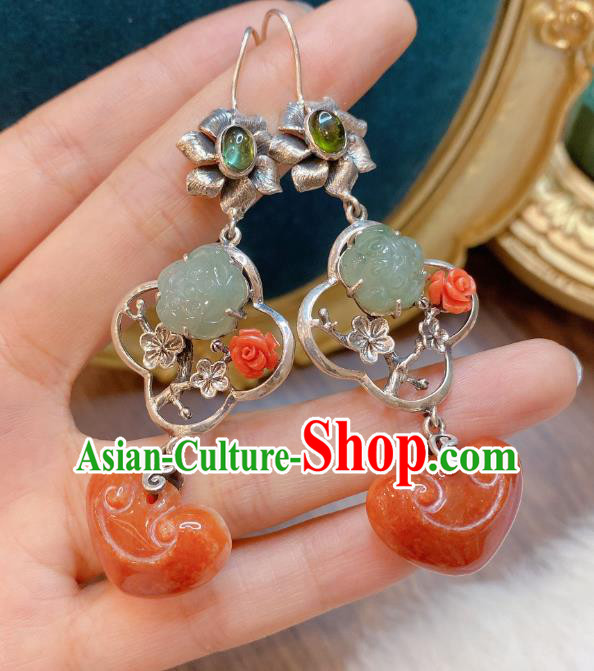 China Traditional Agate Ear Accessories Classical Cheongsam Silver Plum Blossom Earrings China Traditional Agate Ear Accessories Classical Cheongsam Silver Plum Blossom Earrings