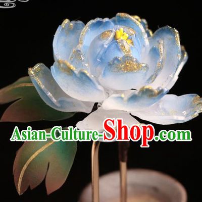 China Hanfu Blue Peony Hair Stick Classical Hair Accessories Traditional Ming Dynasty Princess Hairpin