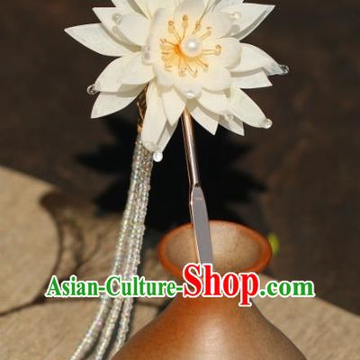 China Hanfu Beads Tassel Hair Stick Classical Hair Accessories Traditional Song Dynasty Princess White Epiphyllum Hairpin