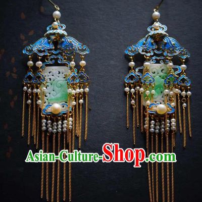 Handmade Chinese Cheongsam Blueing Pearls Ear Accessories Traditional Culture Jewelry Jade Earrings